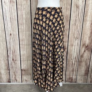 April Cornell Navy Blue Maxi Skirt w/Golden/tan Floral Pattern Small
